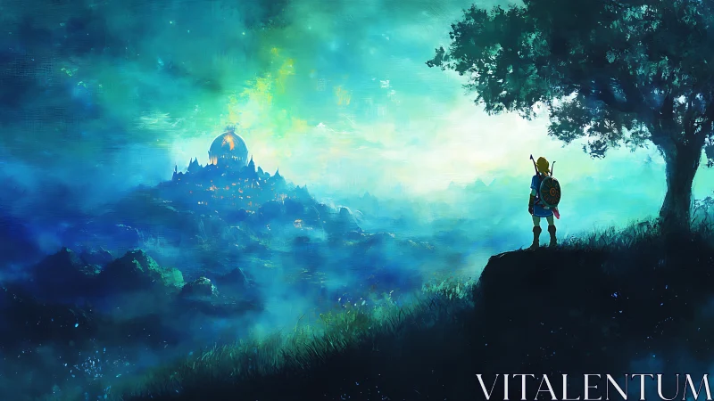 Heroic figure watching glowing fantasy city at sunrise.