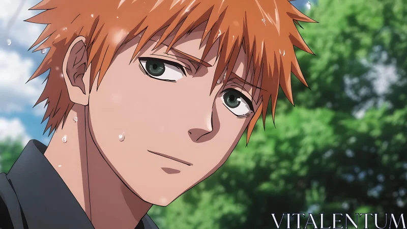 Sunlit anime boy pauses, sweat-lit gaze in summer hush.