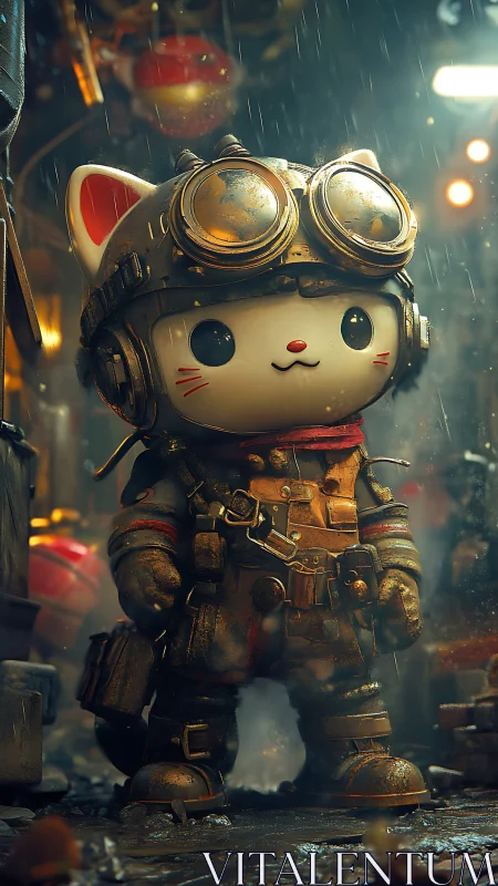 Brave steampunk kitty explorer smiling in a rainy alleyway.