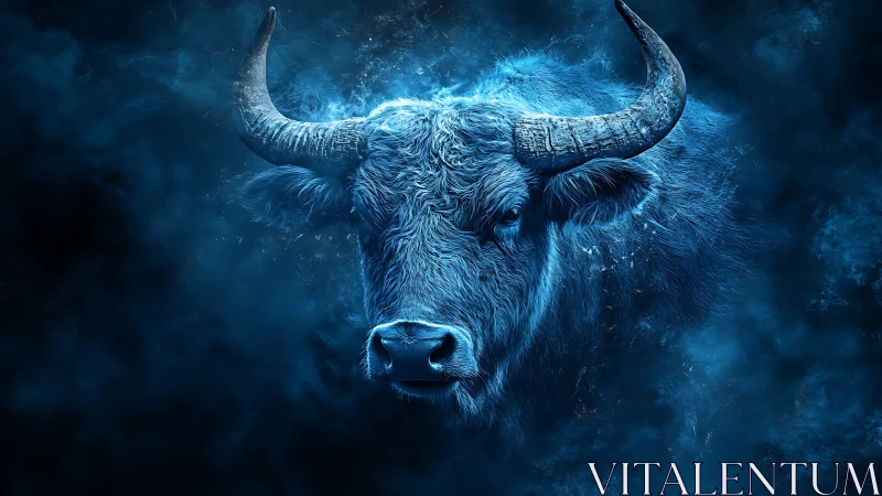 Majestic blue bull emerges calmly from swirling cosmic mist