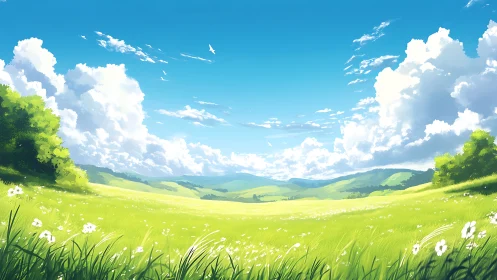 Sunlit summer meadow under cumulus cloudscape panoramic view