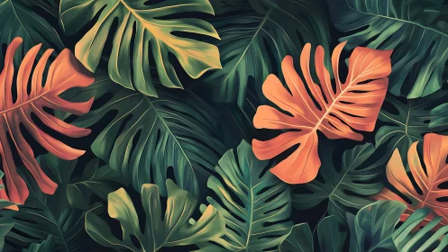 Jungle leaves gossip in teal shadows and coral whispers