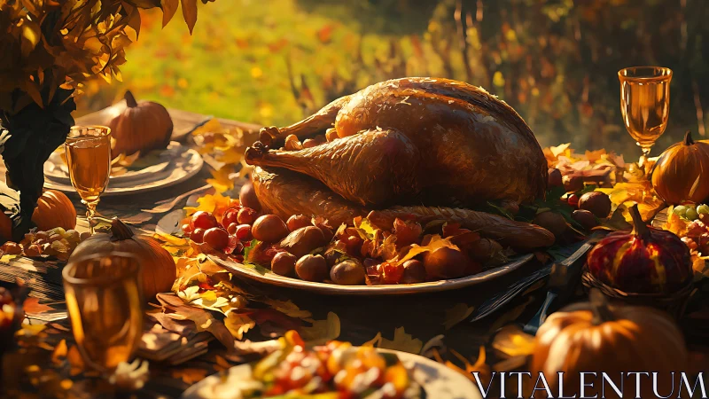 Golden roast turkey anchors sunlit autumn harvest tablescape