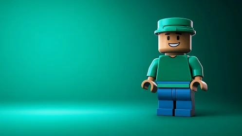 Smiling teal brick hero poses boldly in a studio glow