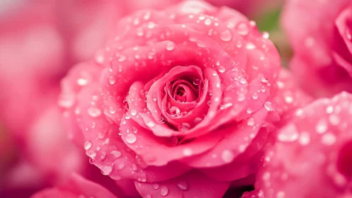Magenta Rose Bloom with Prismatic Water Droplets in Macro Photography