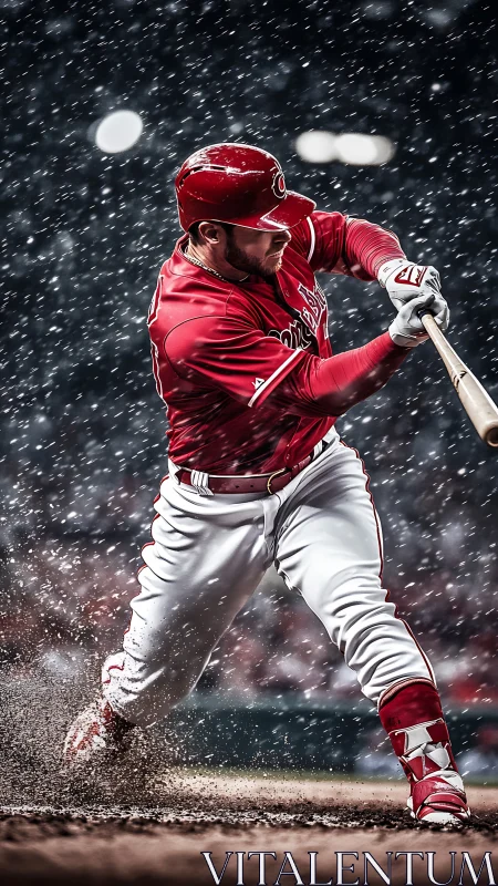 Baseball slugger swings hard under dramatic stadium lights