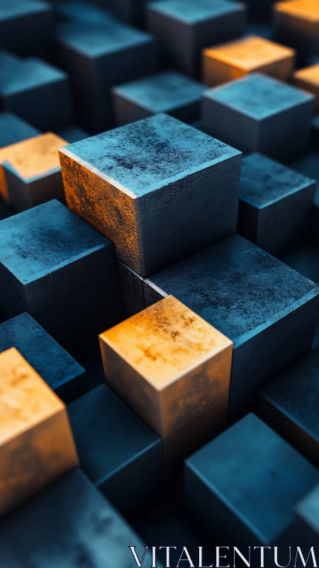 Rust-kissed cubes climb upward through a midnight gridscape