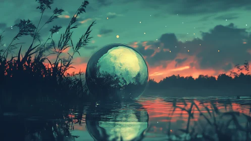 Luminous crystal sphere rests on twilight forest lake.