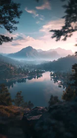 Sunlit mountain lake framed by pine forest silhouettes.