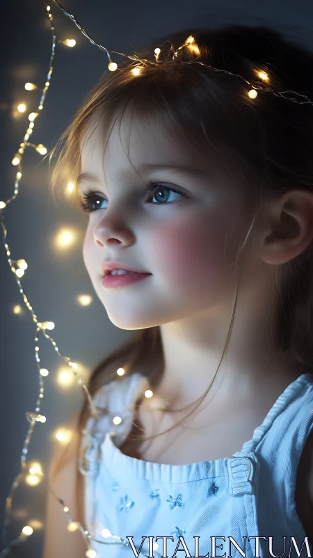 Child with string lights and upward gaze composition.