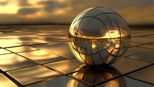 Reflective chrome sphere mirrors golden tiled horizon