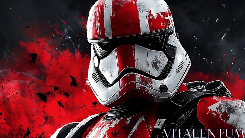 Digital painting of red armored trooper with distressed finish.