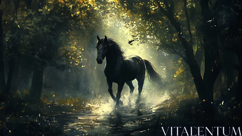 Wild black horse strides through a misty enchanted forest
