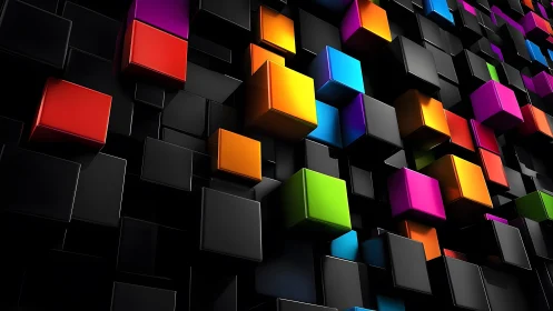 Neon cubes punch through deep black geometric grid.