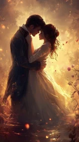 Romantic Couple Embracing in Golden Luminescent Atmosphere with Flowing Fabric