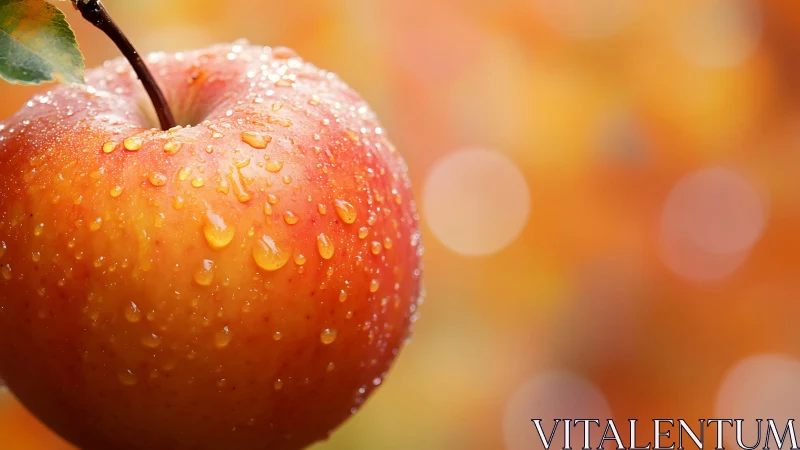 Photorealistic macro study of dewy apple against bokeh field.
