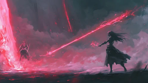 Vectorized crimson beam duel in storm-saturated wasteland.