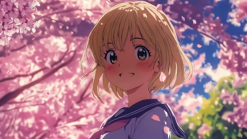 Blonde student stands under dense cherry blossoms in bloom