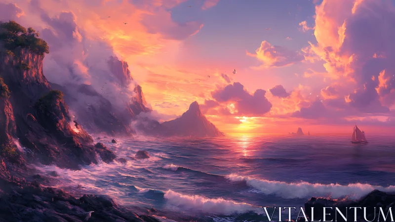 Radiant sunset paints dreamy cliffs and gentle ocean waves