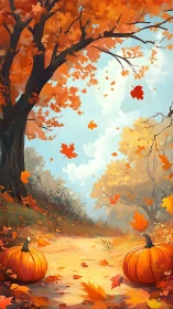 Pumpkins gossip softly beneath a tunnel of flying leaves