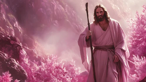 Messianic robed wanderer in luminous pink mountain valley