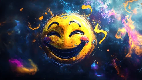 Radiant smiling emoji floating in a swirl of neon color.
