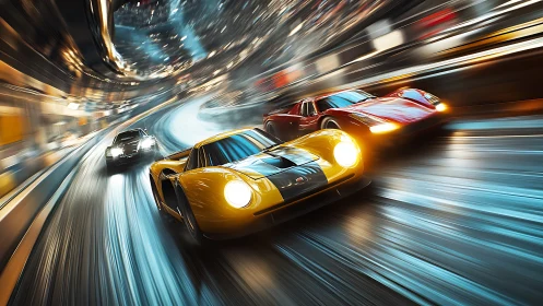 Retro supercars slice neon tunnel track with dynamic motion.