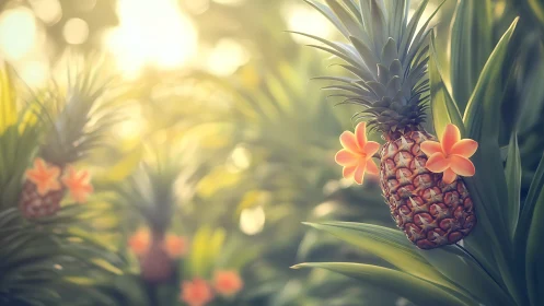 Sunlit pineapple garden with playful tropical blossoms.