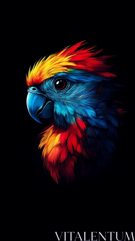 Vivid neon parrot portrait glows against pure black background