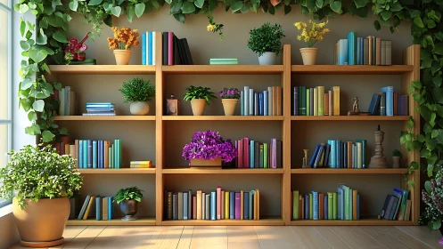 Wooden bookshelf wall with plants and assorted colorful books.