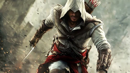 Hooded rogue lunges through embers in a storm of motion.