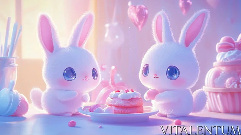Fluffy bunnies share pastel desserts in dreamy morning light