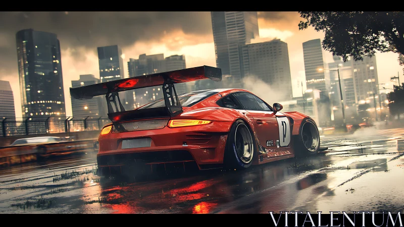 Red race car storms a rain-soaked city circuit at dusk