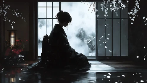 Solitary figure contemplates snowy garden through shoji