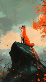 Solitary red fox on rocky peak amid orange autumn leaves.