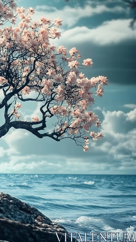 Blossoming shoreline tree leaning into a dreamy sea view.