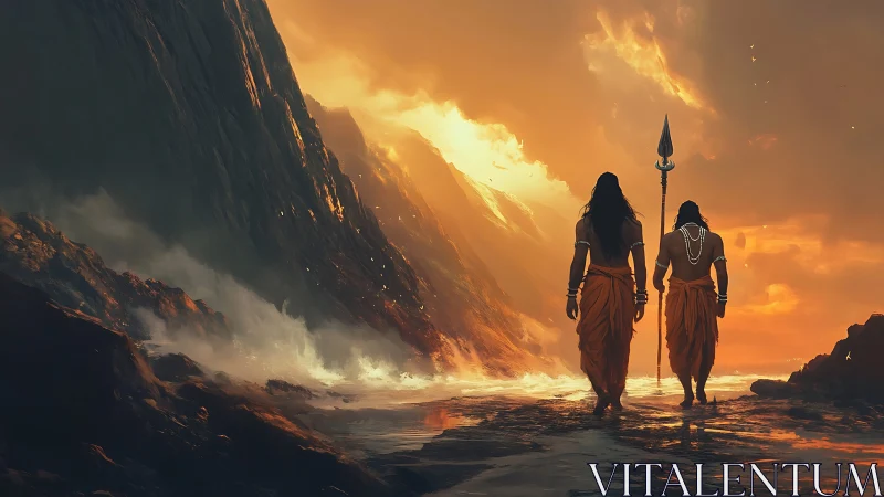 Mythic warriors crossing volcanic shoreline at infernal sunset