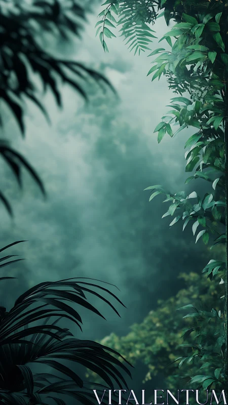 Jungle Foliage in Mist: Verdant Ferns and Leafy Canopy Detail.