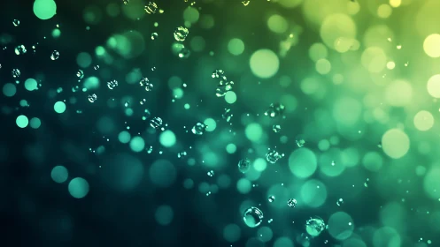 Glowing aqua bokeh orbs surround crisp suspended droplets