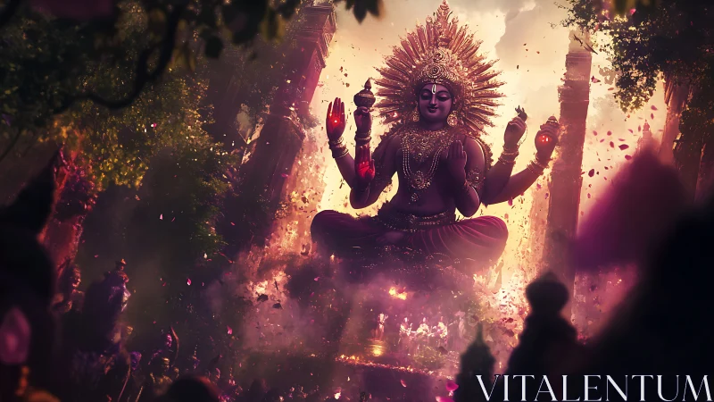Luminous multi-armed deity amid volumetric jungle temple haze.