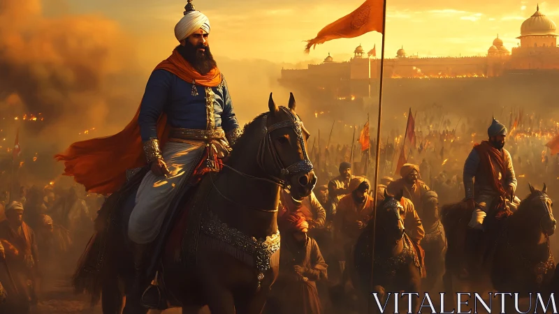 Stirring warrior on horseback leads a proud golden-lit army
