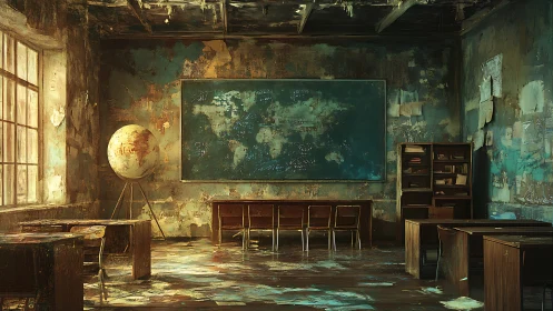 Old classroom interior with worn chalkboard and globe.