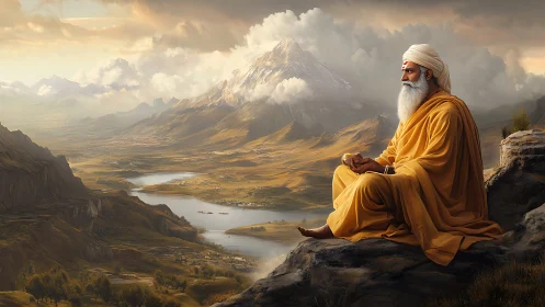 Meditating sage overlooks vast river valley beneath towering peak