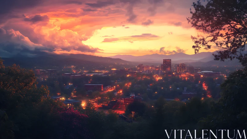City skyline at dusk under vivid clouds and mountains.