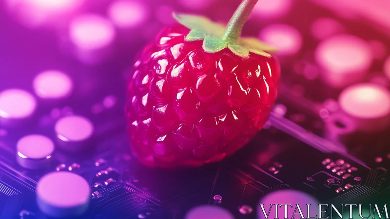 Neon raspberry rests on glowing futuristic circuit board