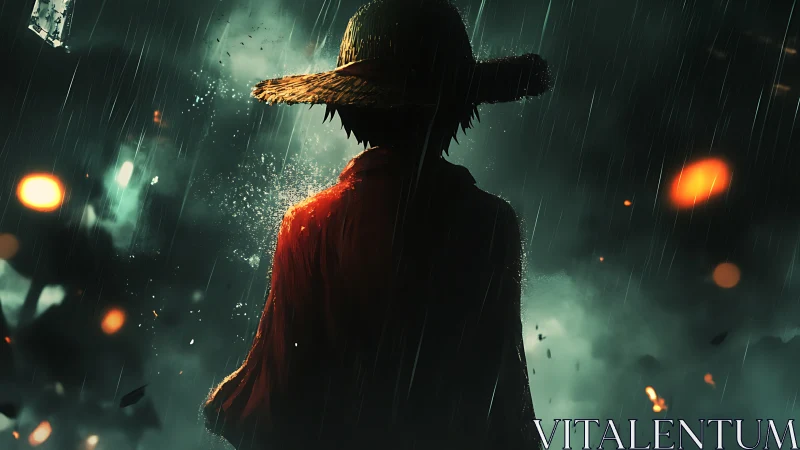 Straw hat figure in stormy night rain with glowing embers.