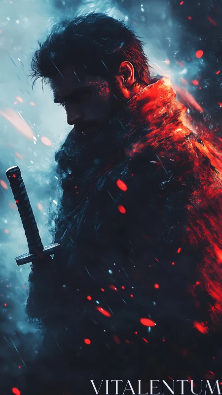 Lone samurai stands amid storm fire and falling embers.