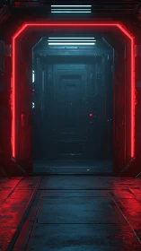 Neon corridor doorway into a mysterious sci fi chamber.
