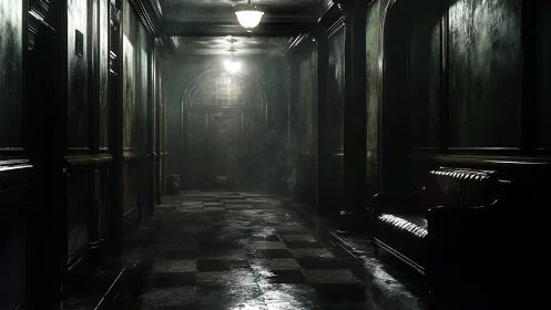 Gloomy vintage corridor with wet tiles and stark lighting.