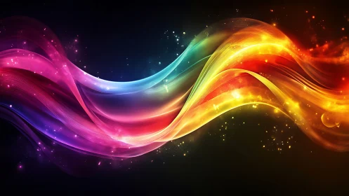 Spectral light waves form layered flowing ribbons with luminous bokeh